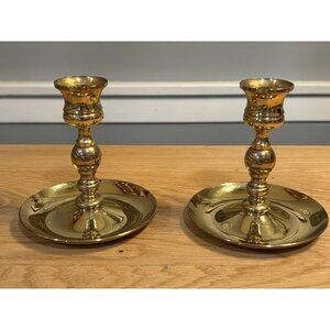 Baldwin Brass Set of 2 Candlestick Holders Heavy Round Base Gold Vintage 5"